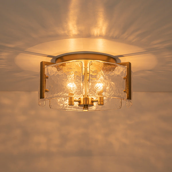 3-Light Textured Glass Brass Drum Semi Flush Mount