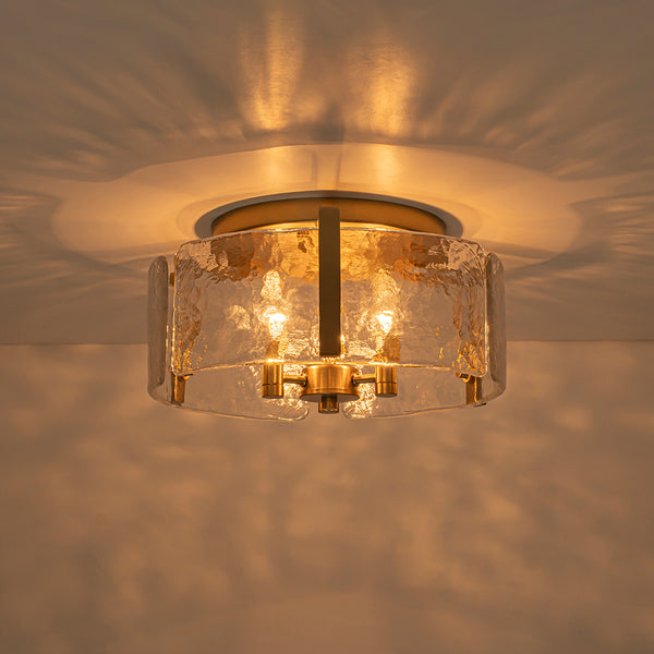 3-Light Textured Glass Brass Drum Semi Flush Mount