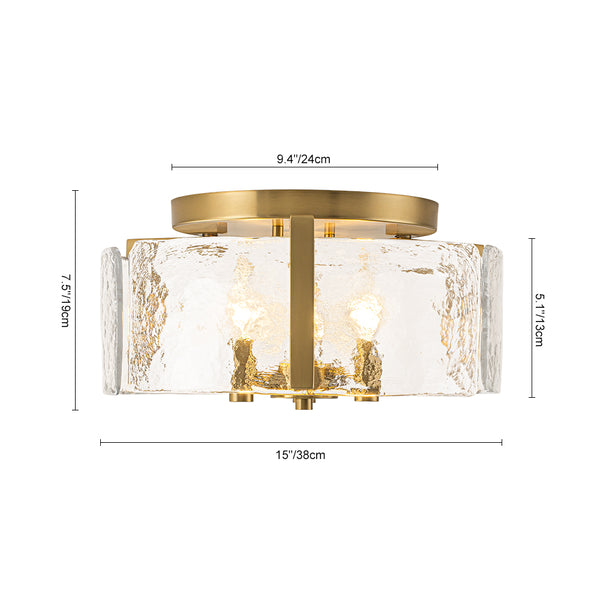 3-Light Textured Glass Brass Drum Semi Flush Mount