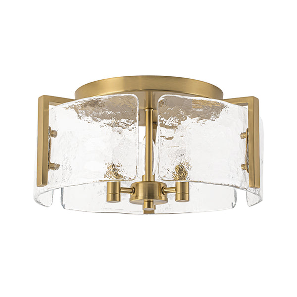 3-Light Textured Glass Brass Drum Semi Flush Mount