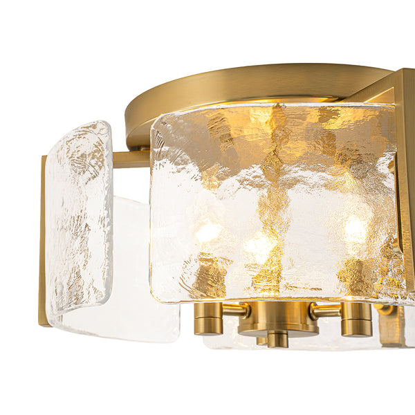 3-Light Textured Glass Brass Drum Semi Flush Mount