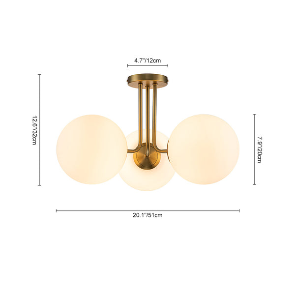 Brass Sputnik Semi Flush Mount with Frosted Opal Globe