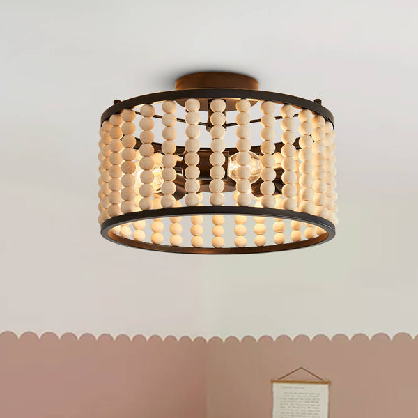 3 Light Wood Beaded Round Semi Flush Mount