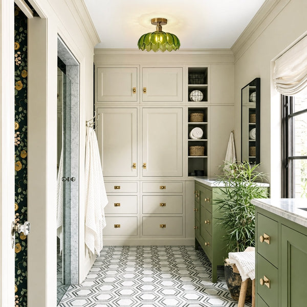 Thehouselights-1-Light Lotus Dome Semi Flush Mount Glass Ceiling-Ceiling Light-Green-