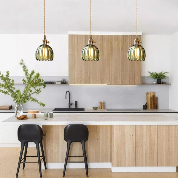 Thehouselights - 1 - Light Vertical Stripes Dome Glass Pendant Light - Pendant - Green - 