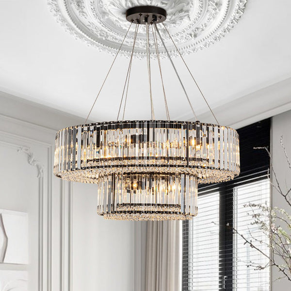 Thehouselights-12-Light Modern 2-Tier Crystal Chandelier-Chandelier-Black-