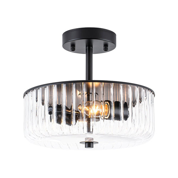 Thehouselights-2-Light Black Ribbed Glass Semi Flush Mount-Ceiling Light-2-Light-