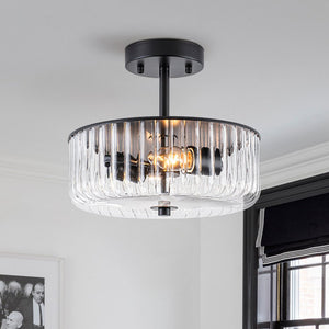 Thehouselights-2-Light Black Ribbed Glass Semi Flush Mount-Ceiling Light-2-Light-