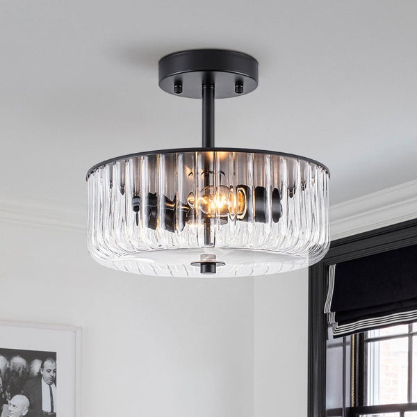 Thehouselights-2-Light Black Ribbed Glass Semi Flush Mount-Ceiling Light-2-Light-