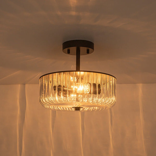 Thehouselights-2-Light Black Ribbed Glass Semi Flush Mount-Ceiling Light-2-Light-