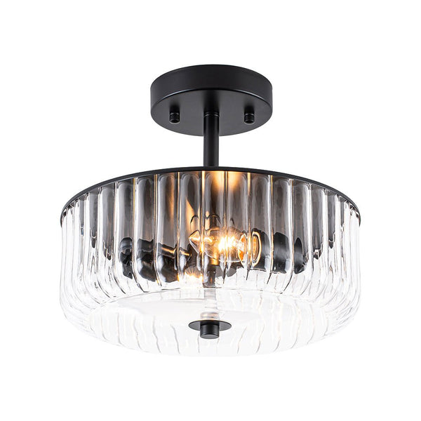 Thehouselights-2-Light Black Ribbed Glass Semi Flush Mount-Ceiling Light-2-Light-