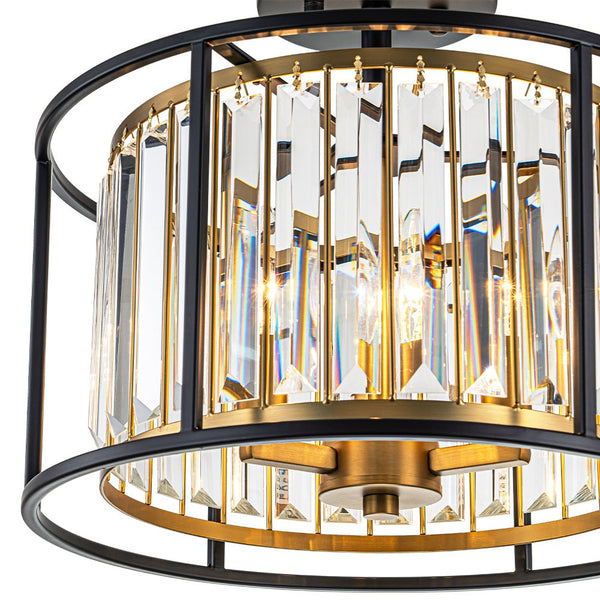 Thehouselights - 3 - Light Cage Crystal Glass Drum Semi Flush Ceiling Light - Ceiling Light - Black - 