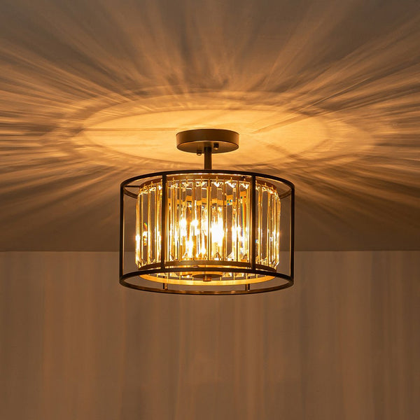 Thehouselights - 3 - Light Cage Crystal Glass Drum Semi Flush Ceiling Light - Ceiling Light - Black - 