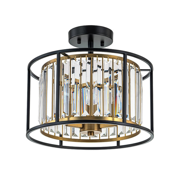 Thehouselights - 3 - Light Cage Crystal Glass Drum Semi Flush Ceiling Light - Ceiling Light - Black - 