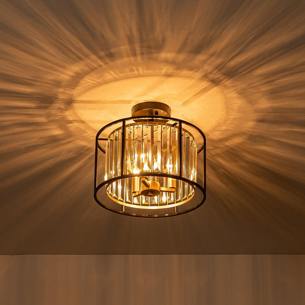Thehouselights - 3 - Light Cage Crystal Glass Drum Semi Flush Ceiling Light - Ceiling Light - Black - 
