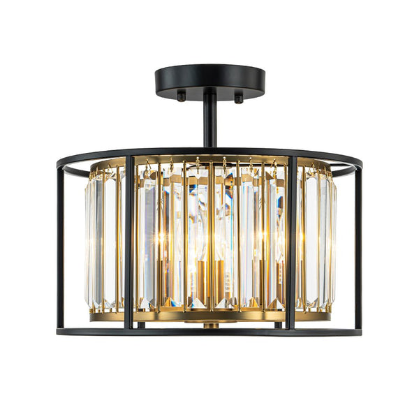 Thehouselights - 3 - Light Cage Crystal Glass Drum Semi Flush Ceiling Light - Ceiling Light - Black - 