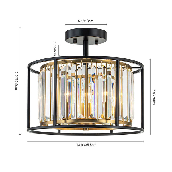 Thehouselights - 3 - Light Cage Crystal Glass Drum Semi Flush Ceiling Light - Ceiling Light - Black - 