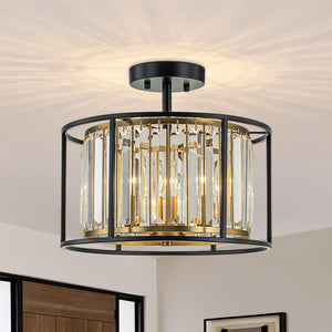 Thehouselights-3-Light Cage Crystal Glass Drum Semi Flush Ceiling Light-Ceiling Light-Black-