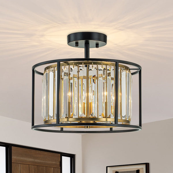 Thehouselights-3-Light Cage Crystal Glass Drum Semi Flush Ceiling Light-Ceiling Light-Black-