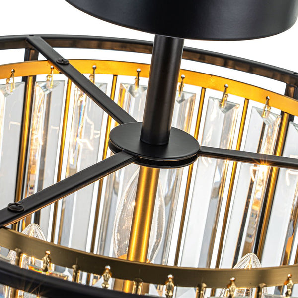 Thehouselights - 3 - Light Cage Crystal Glass Drum Semi Flush Ceiling Light - Ceiling Light - Black - 