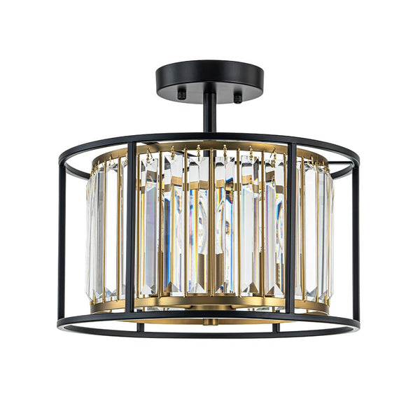 Thehouselights - 3 - Light Cage Crystal Glass Drum Semi Flush Ceiling Light - Ceiling Light - Black - 