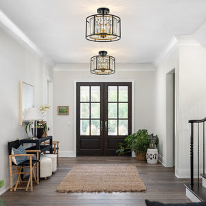 Thehouselights-3-Light Cage Crystal Glass Drum Semi Flush Ceiling Light-Ceiling Light-Black-