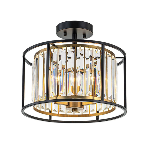 Thehouselights - 3 - Light Cage Crystal Glass Drum Semi Flush Ceiling Light - Ceiling Light - Black - 