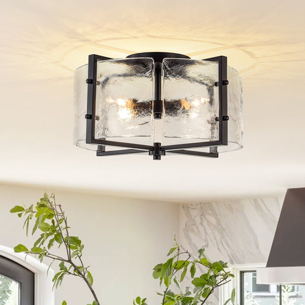 Thehouselights - 4 - Light Clear Textured Glass Flush Mount Ceiling - Ceiling Light - Black - 