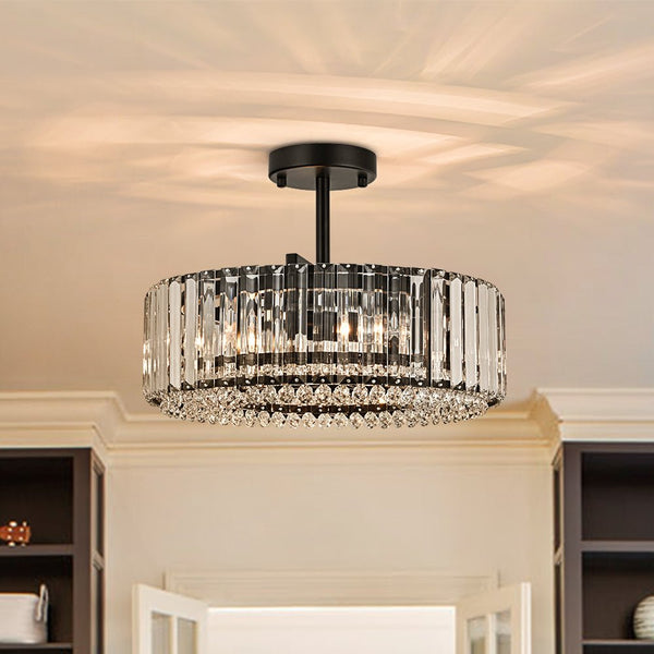 Thehouselights - 4 - Light Crystal Drum Semi Flush Mount - Ceiling Light - Black - 