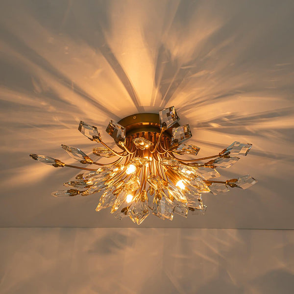 Thehouselights - 4 - Light Crystal Leaf Semi Flush Mount - Chandelier - Nickel - 