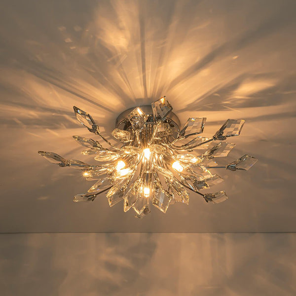 Thehouselights - 4 - Light Crystal Leaf Semi Flush Mount - Chandelier - Nickel - 