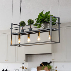 Thehouselights-4-Light Designer Black Cage Rack Pendant Lighting-Pendant--