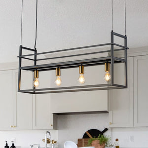 Thehouselights-4-Light Designer Black Cage Rack Pendant Lighting-Pendant--