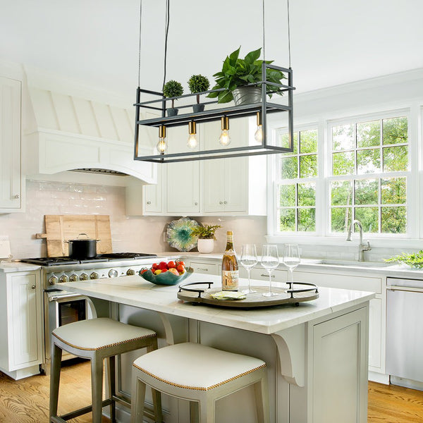 Thehouselights-4-Light Designer Black Cage Rack Pendant Lighting-Pendant--
