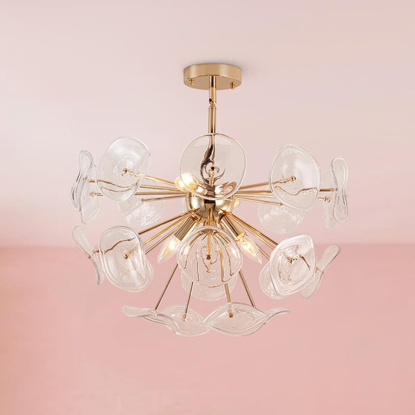 Thehouselights-4-Light Glass Sunburst Sputnik Semi-Flush Mount Chandelier-Ceiling Light-Gold-