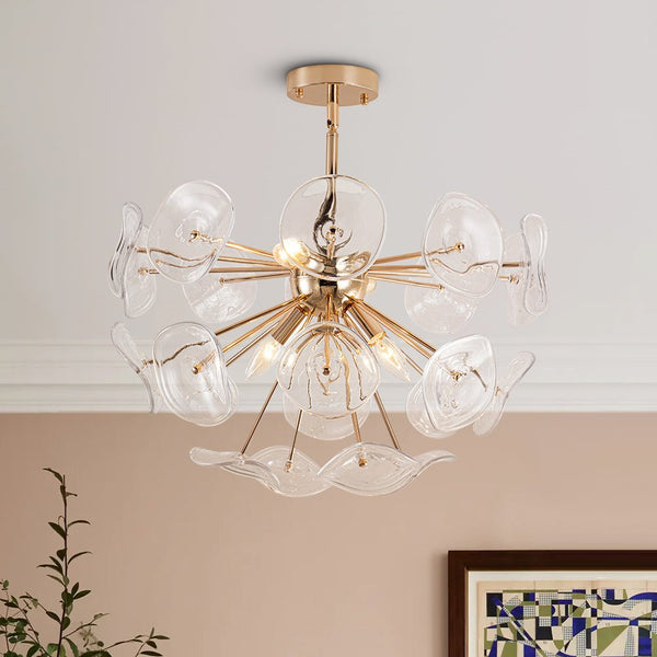 Thehouselights-4-Light Glass Sunburst Sputnik Semi-Flush Mount Chandelier-Ceiling Light-Gold-