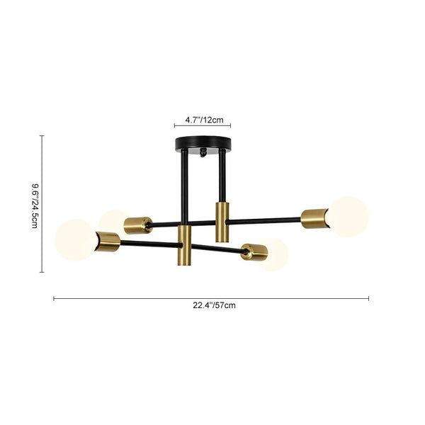 Thehouselights - 4 - Light Minimalist Sputnik Semi Flush Light - Chandelier - Black+Brass - 