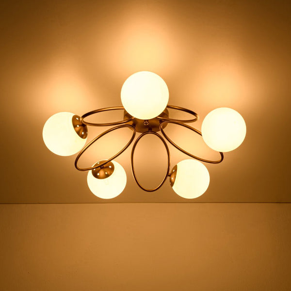 Thehouselights - 5 - Light Opal Glass Ring Sputnik Bubble Semi Flush Chandelier - Chandelier - Brass - 