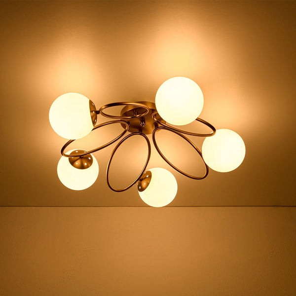 Thehouselights - 5 - Light Opal Glass Ring Sputnik Bubble Semi Flush Chandelier - Chandelier - Brass - 
