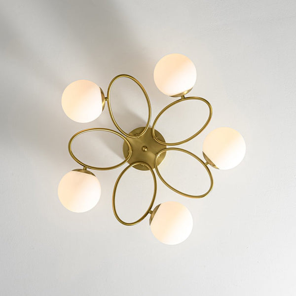 Thehouselights - 5 - Light Opal Glass Ring Sputnik Bubble Semi Flush Chandelier - Chandelier - Brass - 