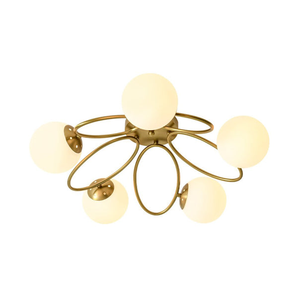 Thehouselights - 5 - Light Opal Glass Ring Sputnik Bubble Semi Flush Chandelier - Chandelier - Brass - 