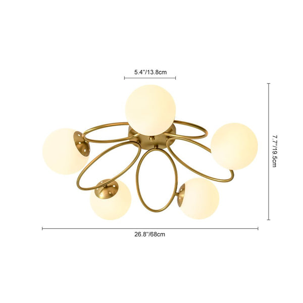 Thehouselights - 5 - Light Opal Glass Ring Sputnik Bubble Semi Flush Chandelier - Chandelier - Brass - 