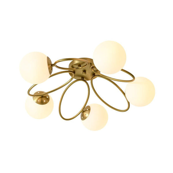 Thehouselights - 5 - Light Opal Glass Ring Sputnik Bubble Semi Flush Chandelier - Chandelier - Brass - 