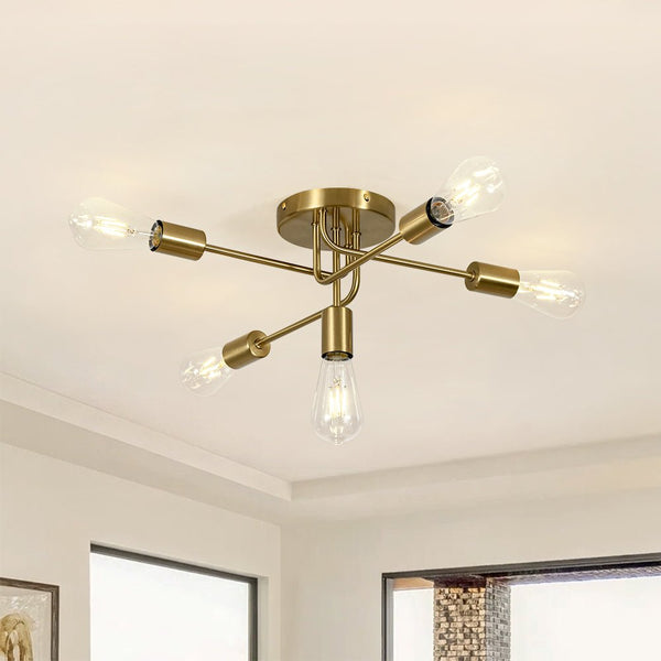Thehouselights - 5 - Light Swirl Sputnik Semi Flush Light - Chandelier - Brass - 