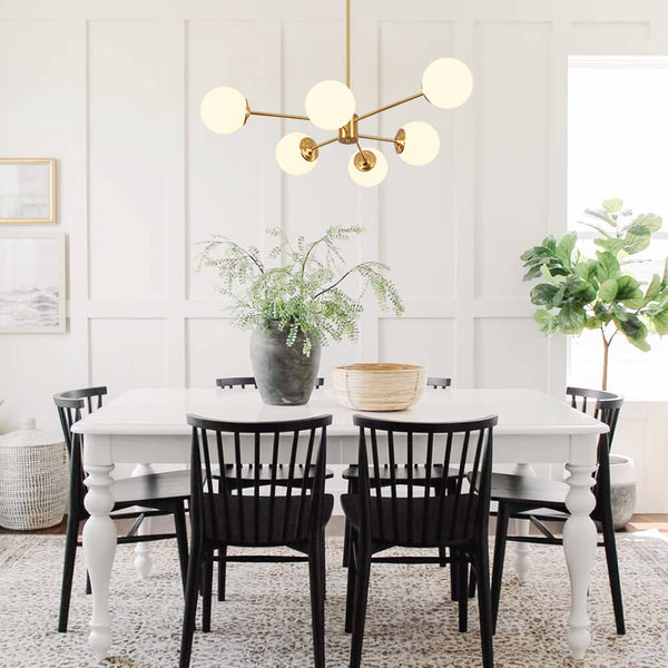 Thehouselights - 6/8/12 - Light Mid - Century Modern Opal White Glass Globe Chandelier - Chandelier - 12 - Light - 