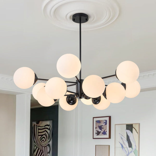 Thehouselights - 6/8/12 - Light Mid - Century Modern Opal White Glass Globe Chandelier - Chandelier - 12 - Light - Black