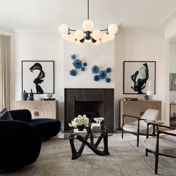 Thehouselights - 6/8/12 - Light Mid - Century Modern Opal White Glass Globe Chandelier - Chandelier - 12 - Light - Black
