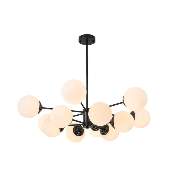 Thehouselights - 6/8/12 - Light Mid - Century Modern Opal White Glass Globe Chandelier - Chandelier - 12 - Light - Black