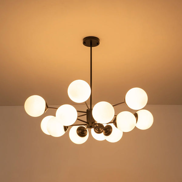 Thehouselights - 6/8/12 - Light Mid - Century Modern Opal White Glass Globe Chandelier - Chandelier - 12 - Light - Black