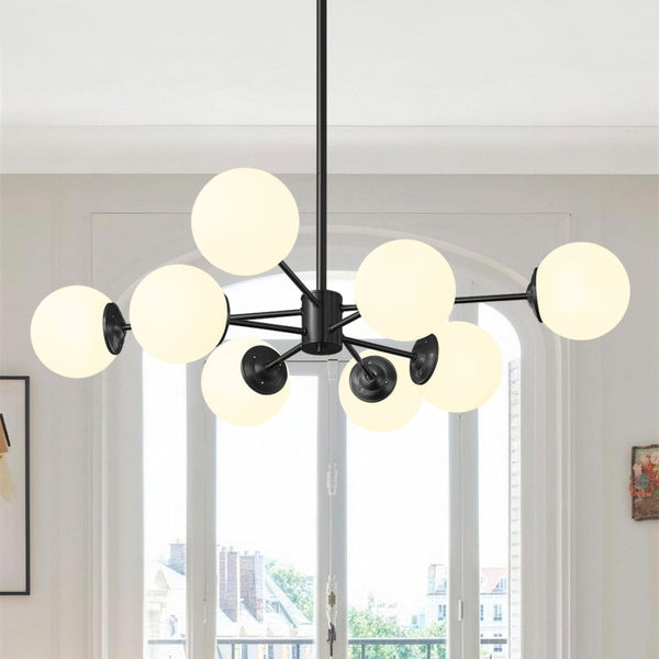 Thehouselights-6/8/12-Light Mid-Century Modern Opal White Glass Globe Chandelier-Chandelier-8-Light-Black(Special Offer)